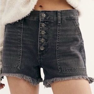 Free People Black Denim Button-Up Shorts